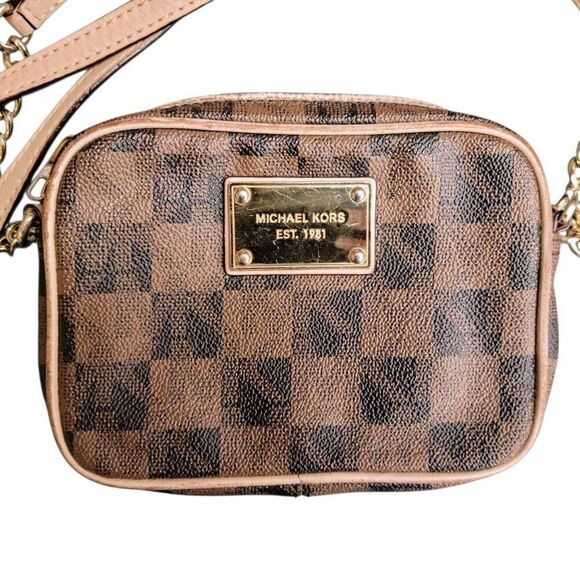 Michael Kors Neutral Brown Checked Signature Gold Accent Small Crossbody Bag - Picture 3 of 16